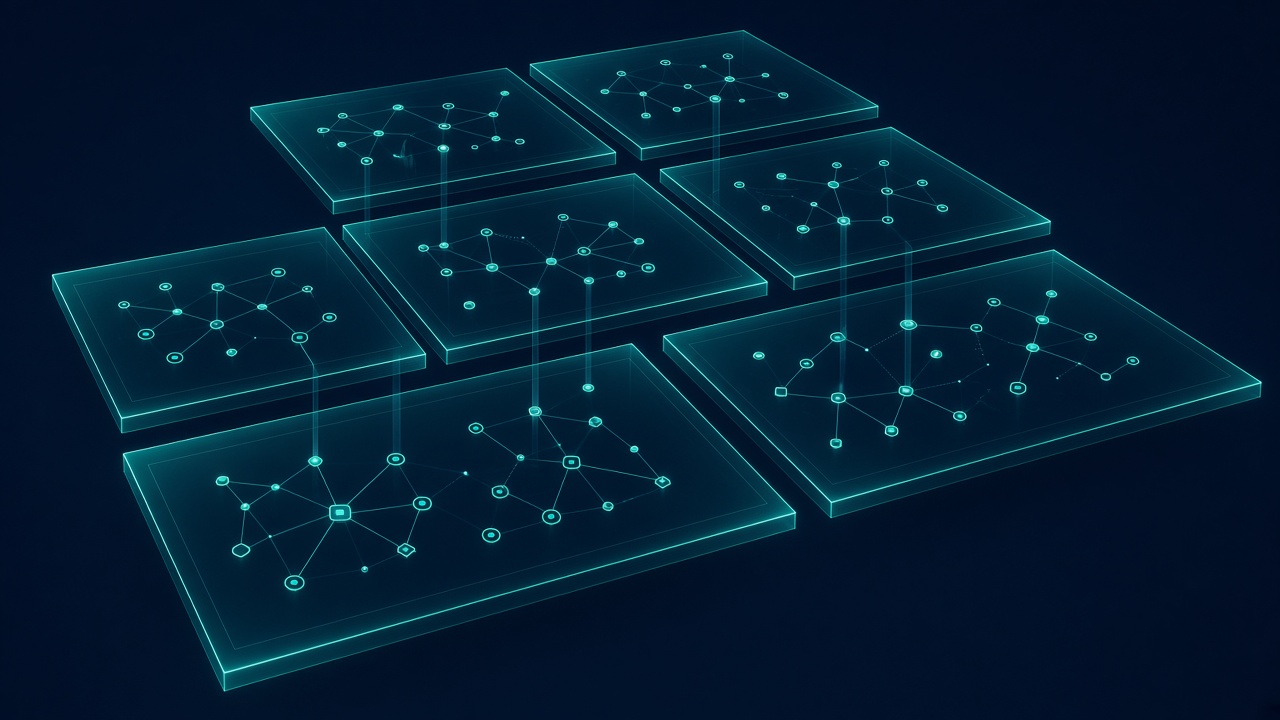 Abstract layered information panels connected by a structured network, representing the Caldersholl organisation system